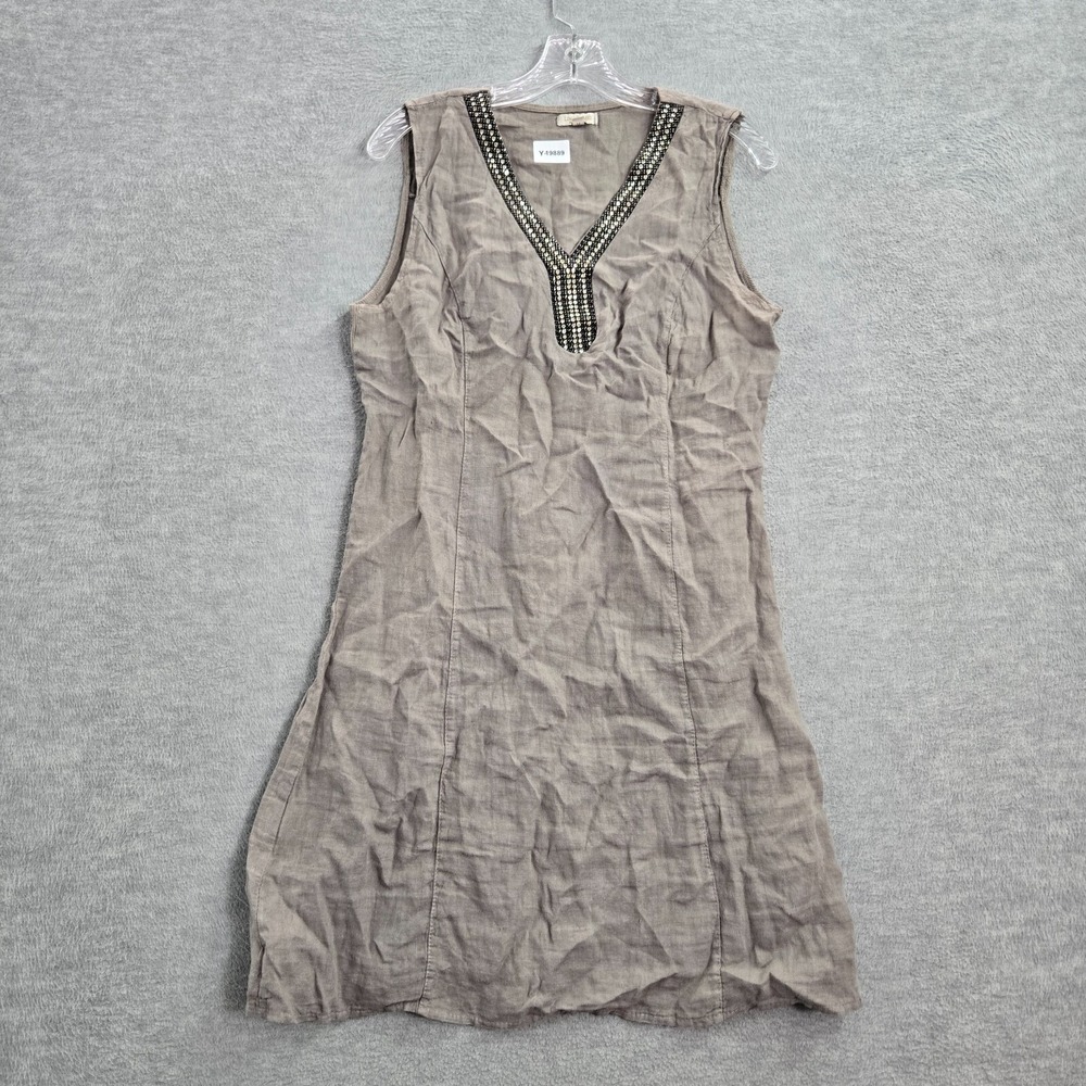 Lina Tomei Women Dress‎ Medium Gray Linen Rhinestone Neckline Sleeveless